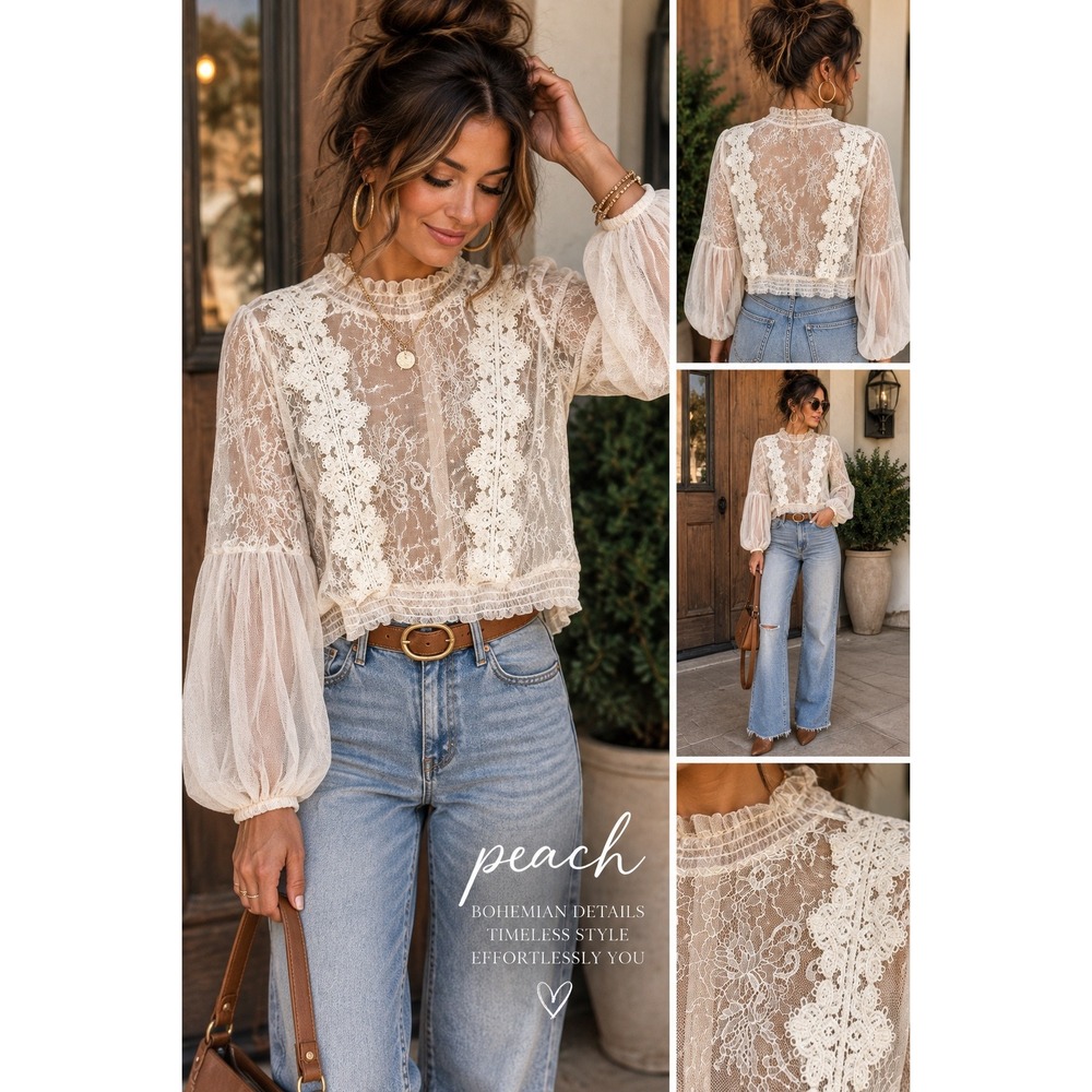 Peach Sheer Lace Boho Blouse Balloon Sleeve Smocked Hem Beige Large CT5711R